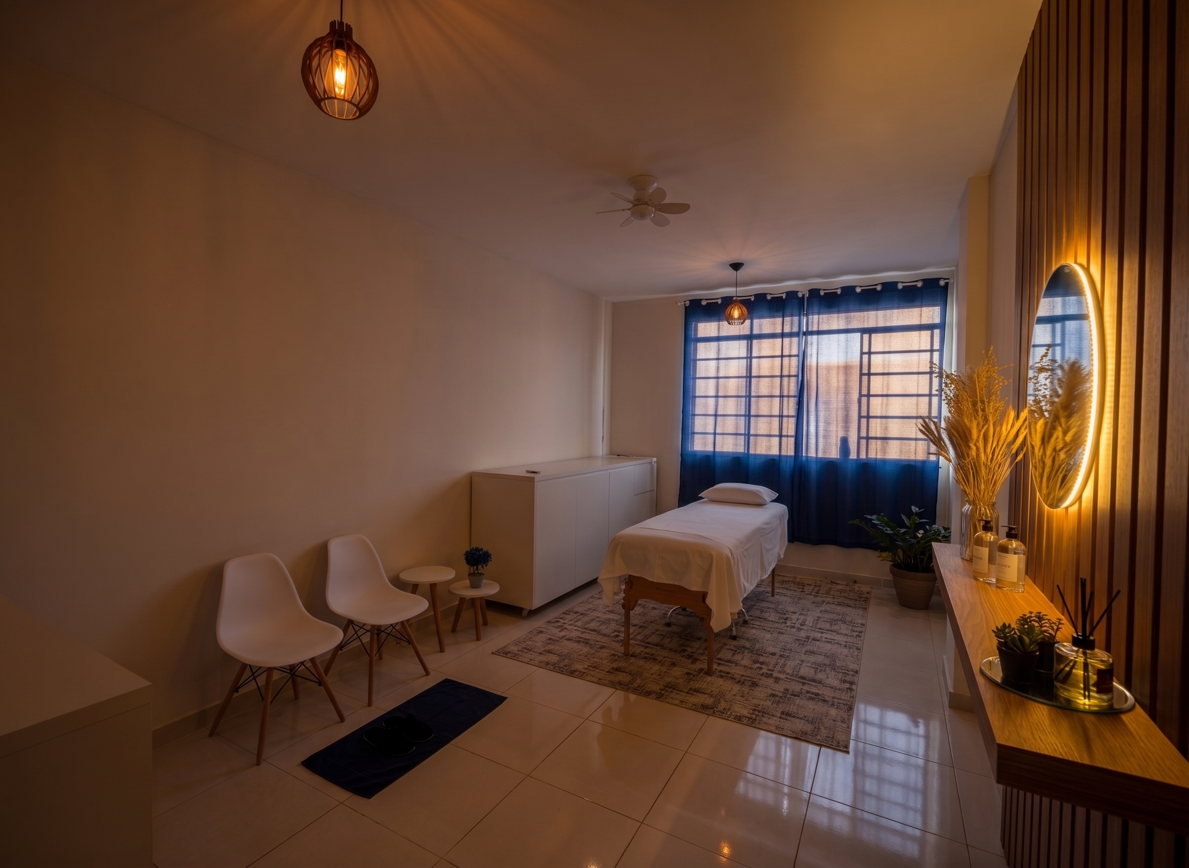 Sala de atendimento com maca, painel de madeira e iluminação acolhedora