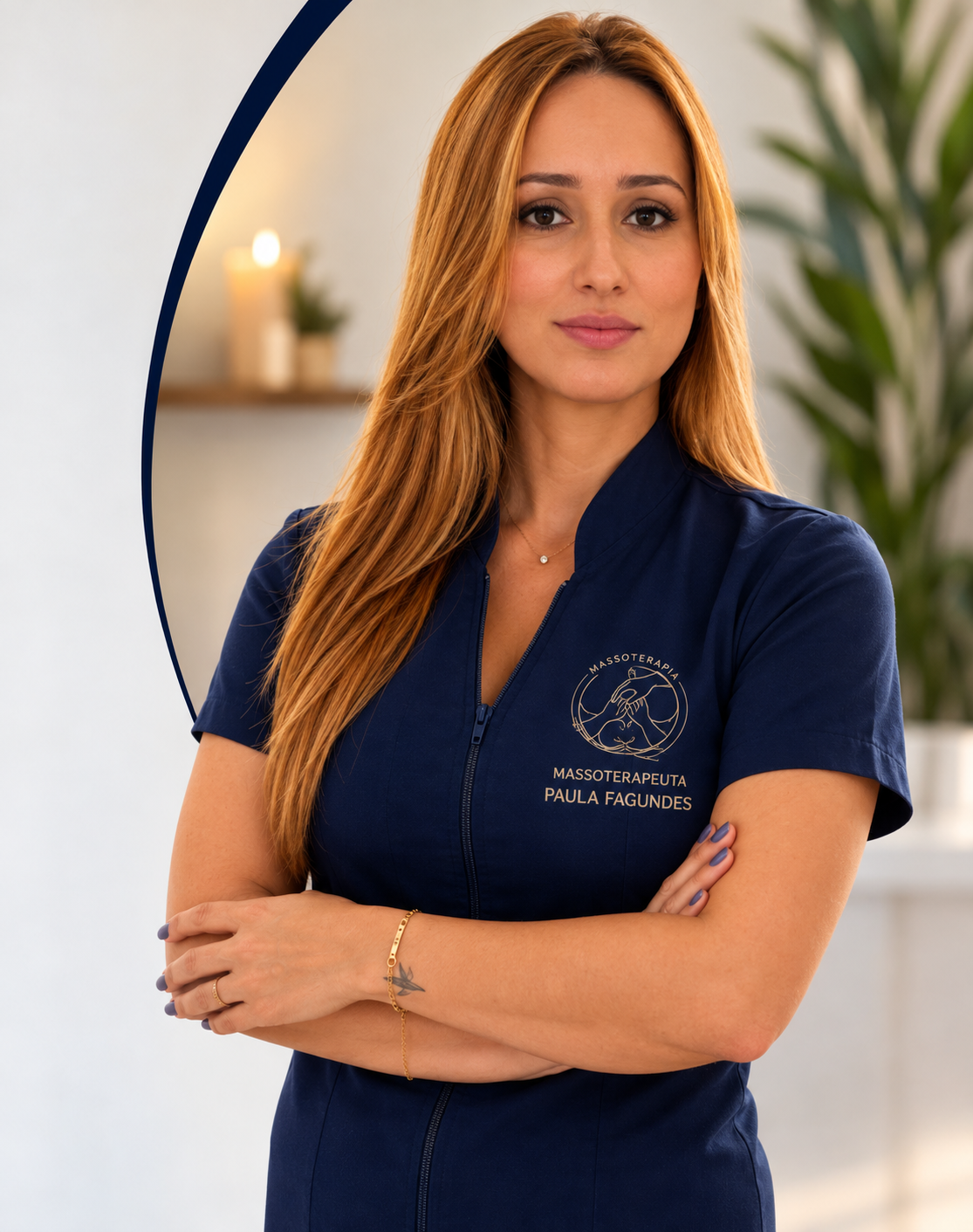Paula Fagundes de uniforme azul-marinho e braços cruzados
